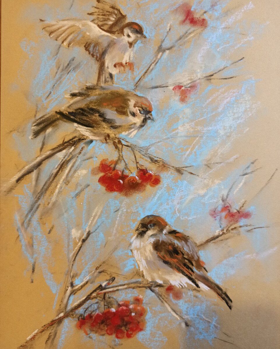 sparrows, bird painting, wildlife art, nature artwork, tree branches, winter scene painting, softpastel