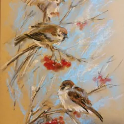 sparrows, bird painting, wildlife art, nature artwork, tree branches, winter scene painting, softpastel