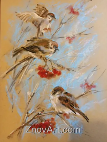 sparrows, bird painting, wildlife art, nature artwork, tree branches, winter scene painting, softpastel