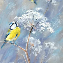 blue tit, bird painting, wildlife art, nature artwork, tree branches, winter scene painting, softpastel