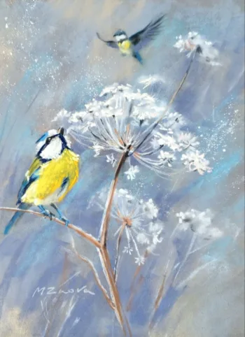 blue tit, bird painting, wildlife art, nature artwork, tree branches, winter scene painting, softpastel