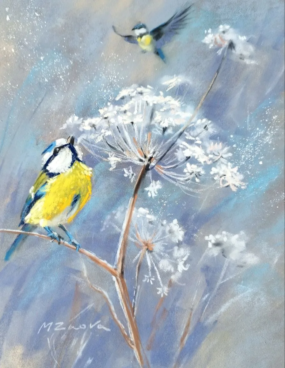 blue tit, bird painting, wildlife art, nature artwork, tree branches, winter scene painting, softpastel