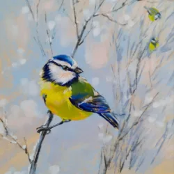 blue tit, bird painting, wildlife art, nature artwork, tree branches, winter scene painting, softpastel