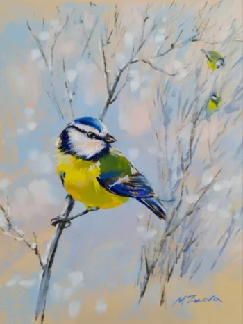 blue tit, bird painting, wildlife art, nature artwork, tree branches, winter scene painting, softpastel