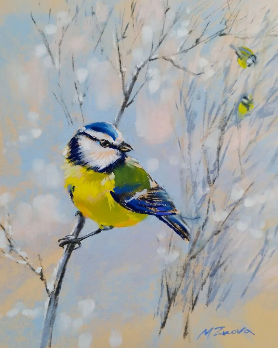 blue tit, bird painting, wildlife art, nature artwork, tree branches, winter scene painting, softpastel