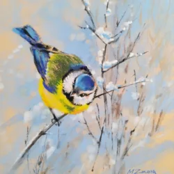 blue tit, bird painting, wildlife art, nature artwork, tree branches, winter scene painting, softpastel