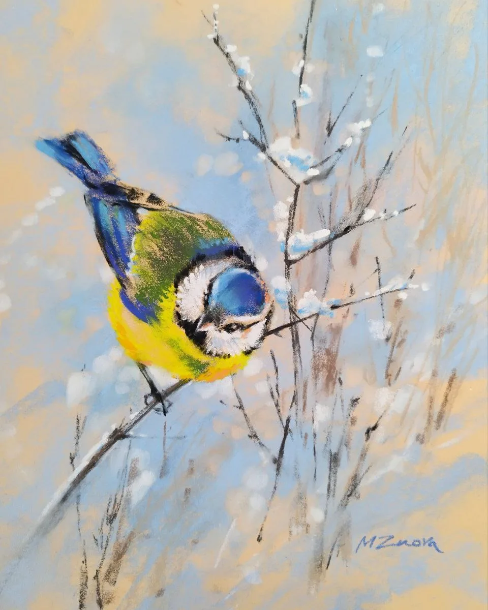 blue tit, bird painting, wildlife art, nature artwork, tree branches, winter scene painting, softpastel