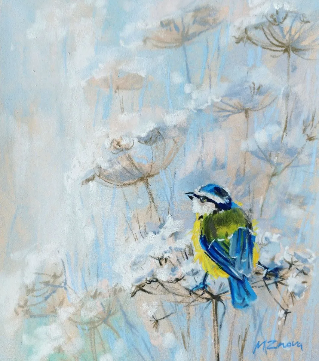 blue tit, bird painting, wildlife art, nature artwork, tree branches, winter scene painting, softpastel