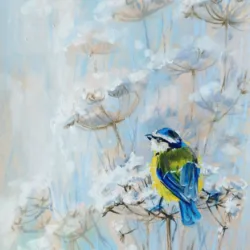 blue tit, bird painting, wildlife art, nature artwork, tree branches, winter scene painting, softpastel