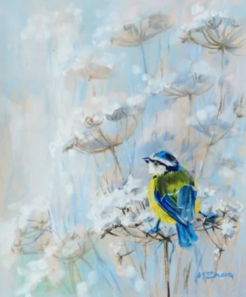 blue tit, bird painting, wildlife art, nature artwork, tree branches, winter scene painting, softpastel